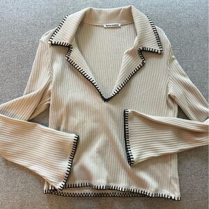 Reformation Cream V-Neck Sweater with Black Detailing